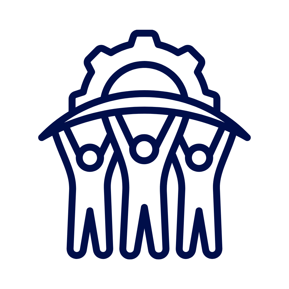 An icon representing project support and bootcamp finale with three people holding up a structure under a gear.