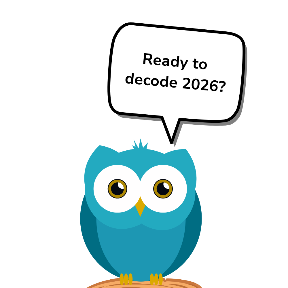 Illustration of a blue owl sitting on a branch with a speech bubble that reads Ready to decode 2026