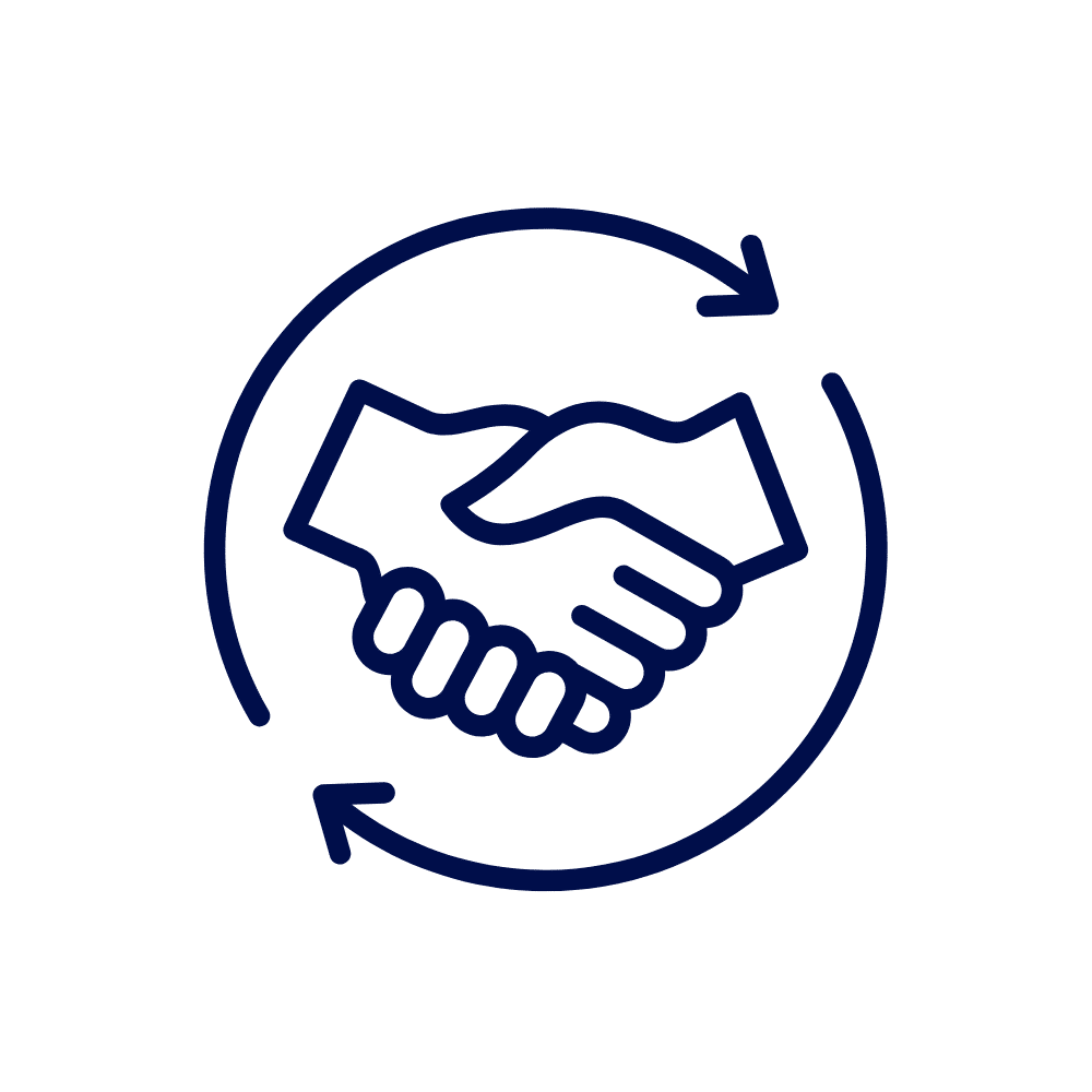 Two hands shaking inside a circular arrow, symbolizing trust and ongoing customer service.