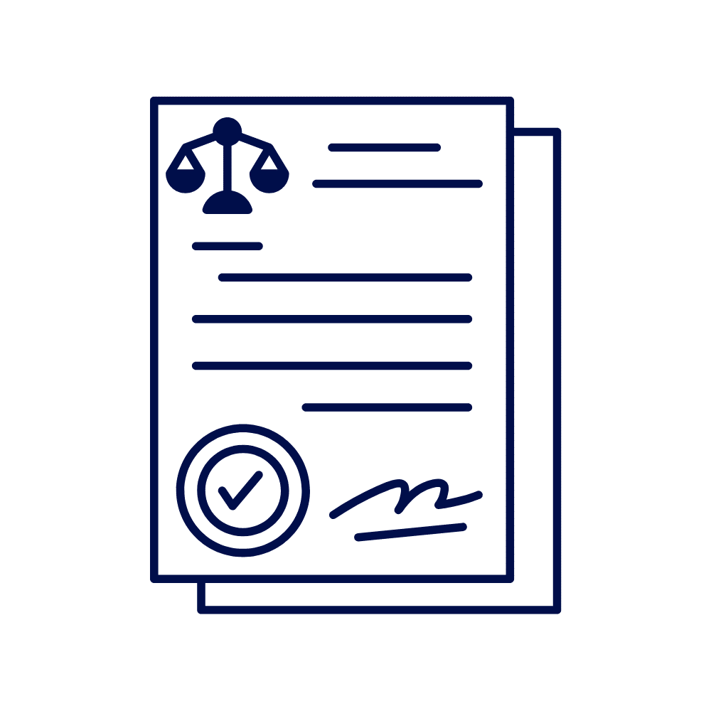 Icon of a legal document with scales of justice, a checkmark, and a signature, symbolizing policies and safeguarding.