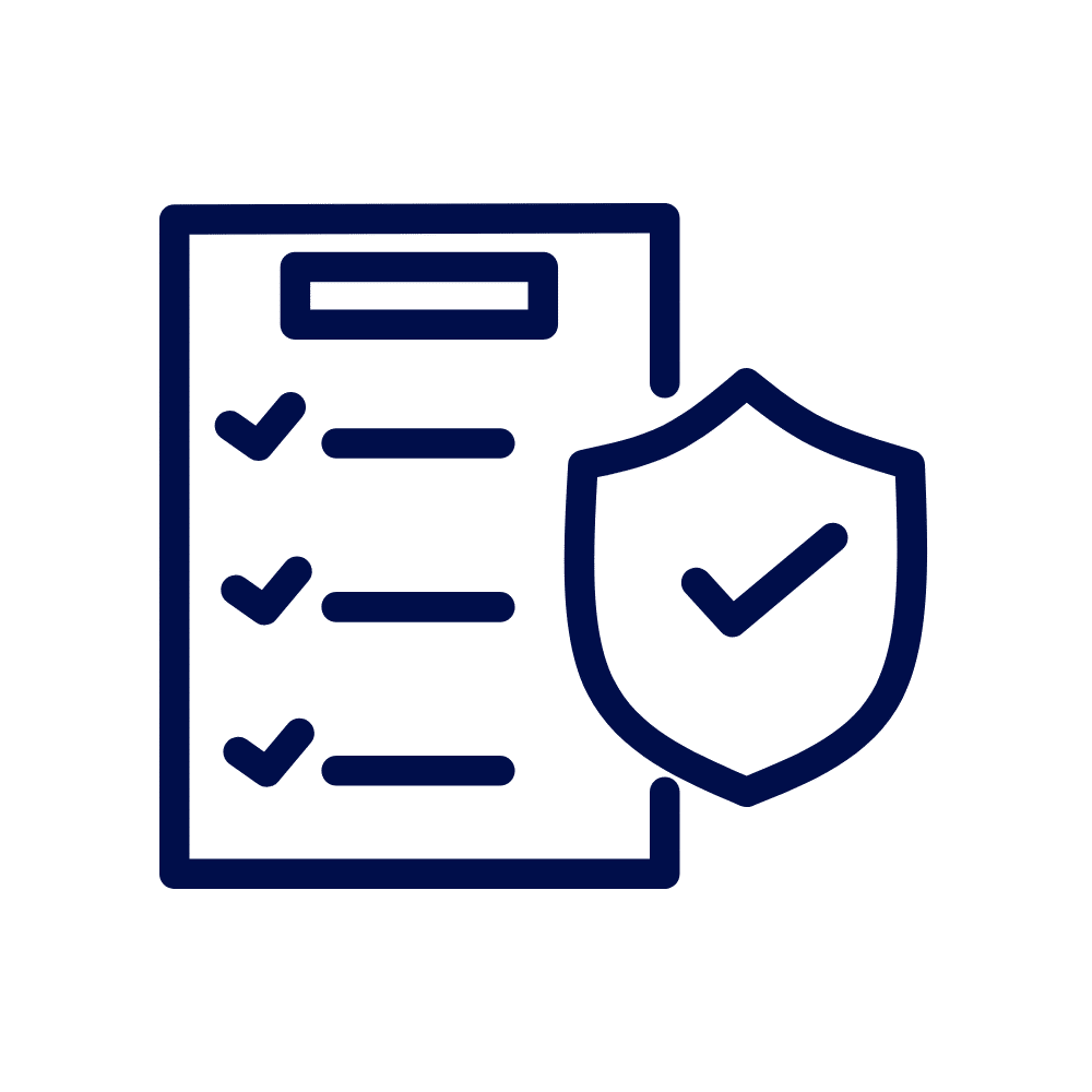 Checklist document with a shield containing a check mark, symbolizing health and safety compliance.