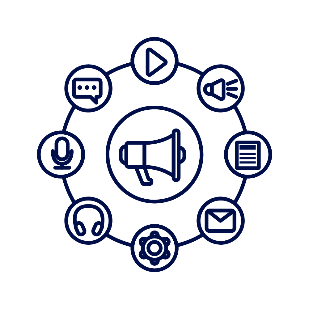 Illustration of a megaphone surrounded by digital marketing icons including social media, video, email and audio channels