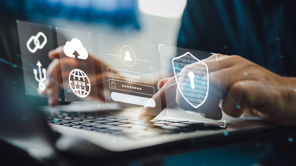 IT specialist work on computer with data protection of cyber security Privacy business internet technology concept.